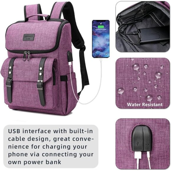 YALUNDISI Vintage Backpack Travel Purple Laptop bag with USB Charging Po… - Picture 2 of 6